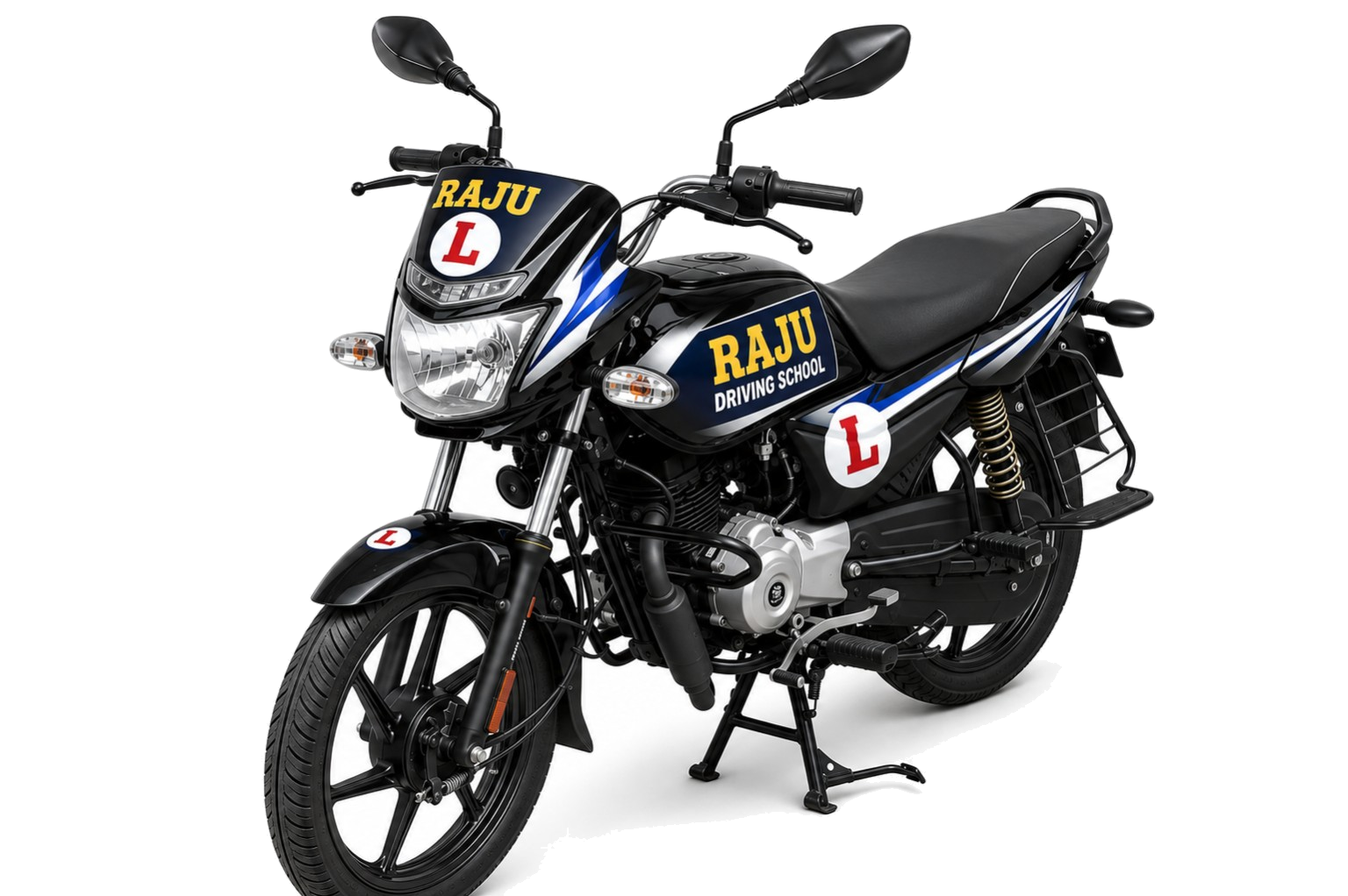 Raju Driving School black and blue motorcycle