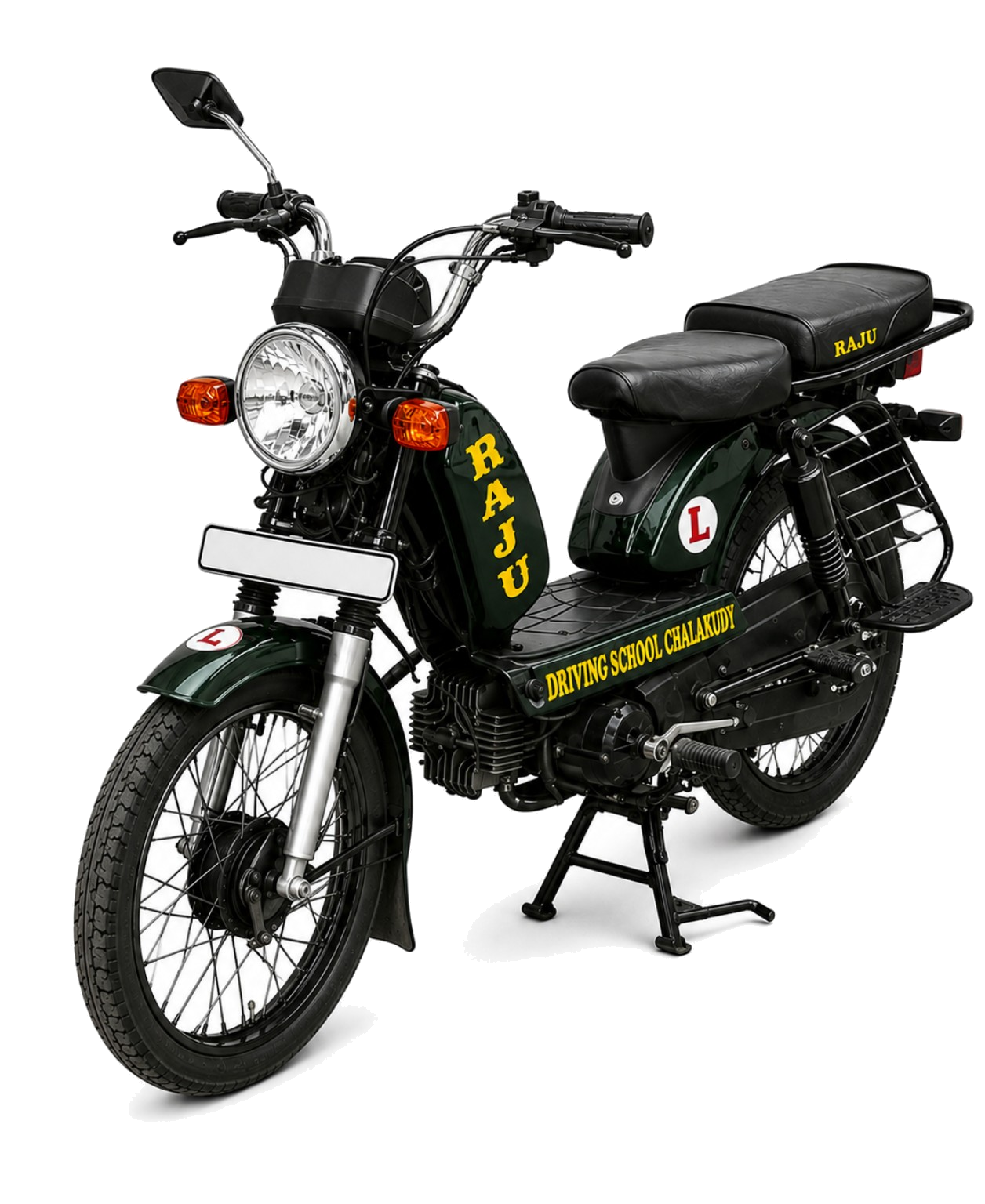 Raju Driving School green motorcycle