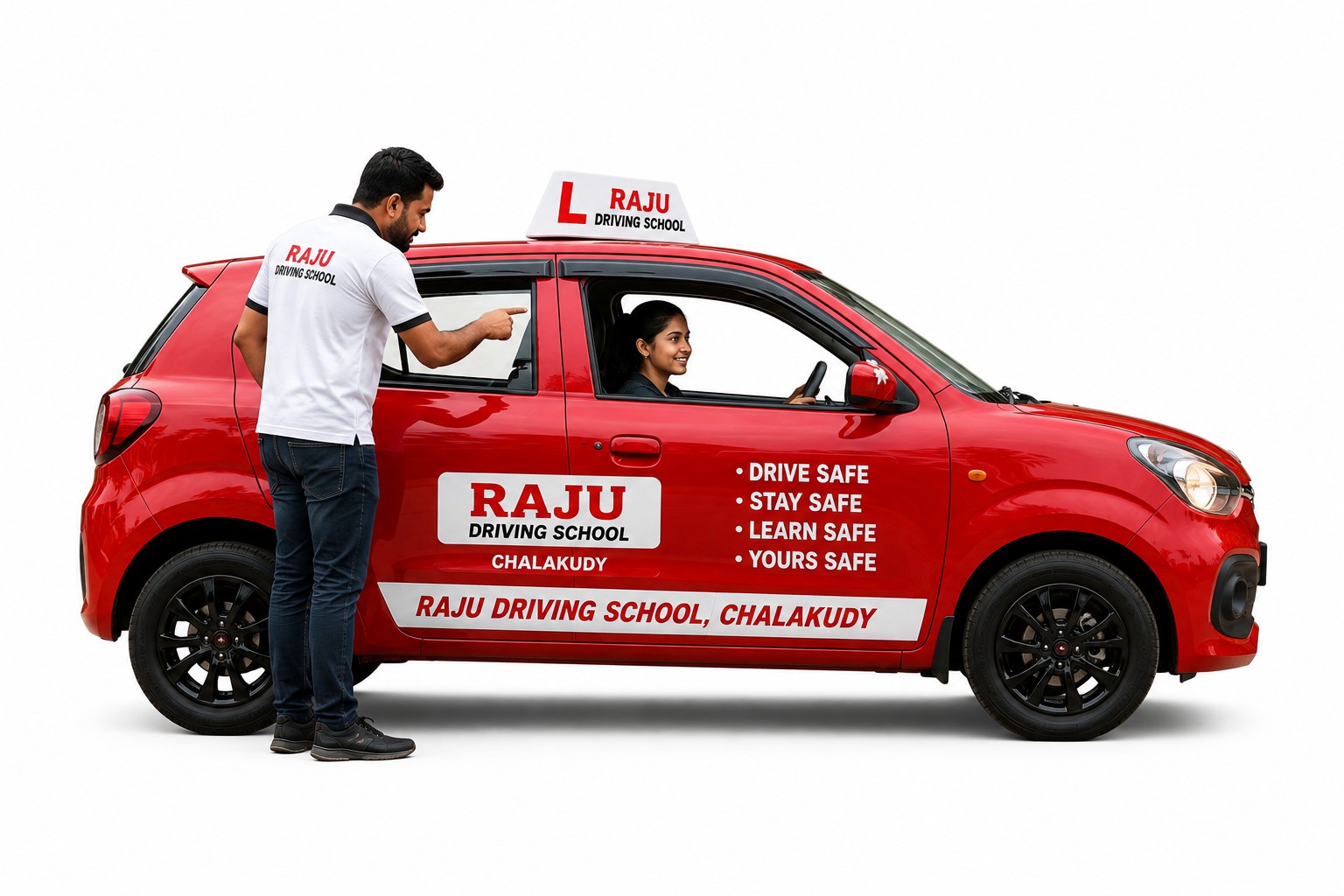 Raju Driving School instructor teaching a learner from the side of the training car