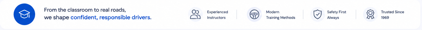 From the classroom to real roads, we shape confident, responsible drivers. Experienced instructors, modern training methods, safety first, trusted since 1969.